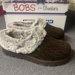 New Bobs Sketchers Keepsake Women Memory Foam Line Faux Fur Brown Cable Knit 8.5